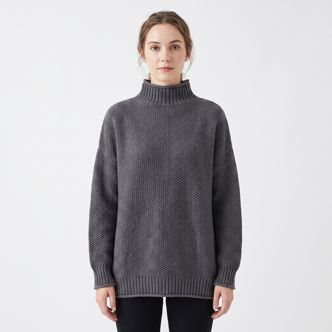 Women's Textured Knit Sweater Oversized Mock Neck Pullover