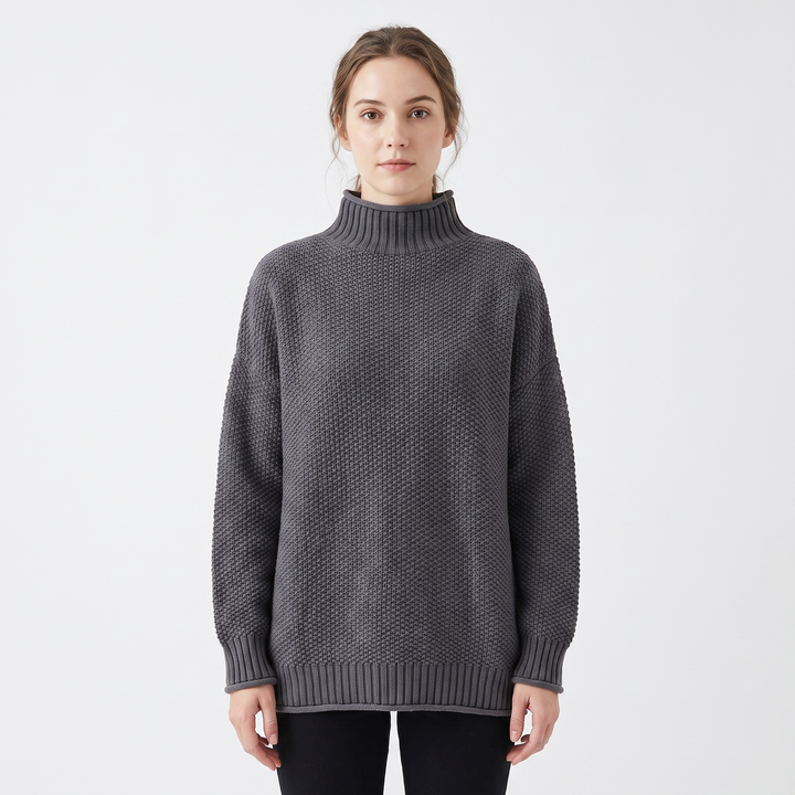 Women's Textured Knit Sweater Oversized Mock Neck Pullover