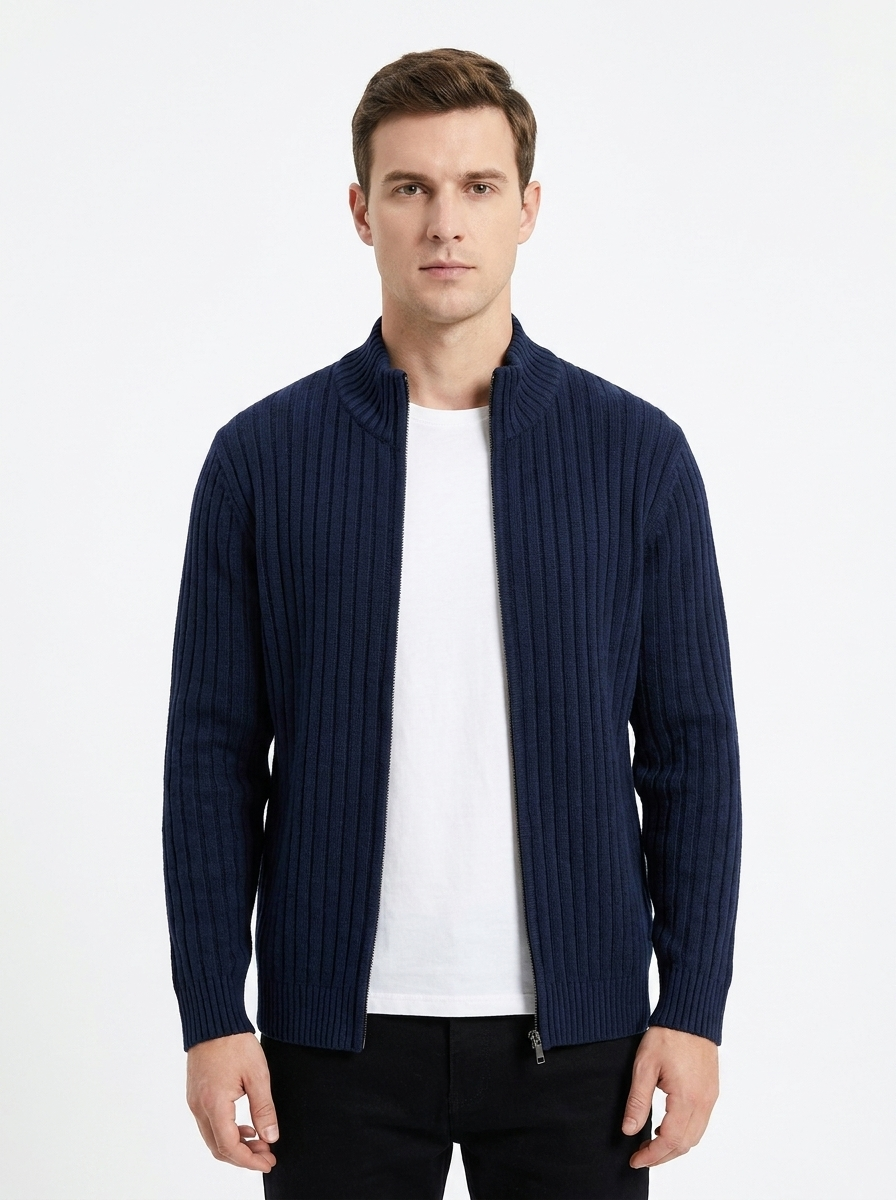 Men's Ribbed Knit Cardigan Full-Zip Stand Collar Sweater Jacket