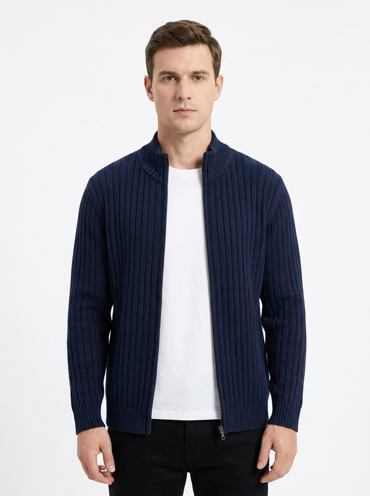 Men's Ribbed Knit Cardigan Full-Zip Stand Collar Sweater Jacket
