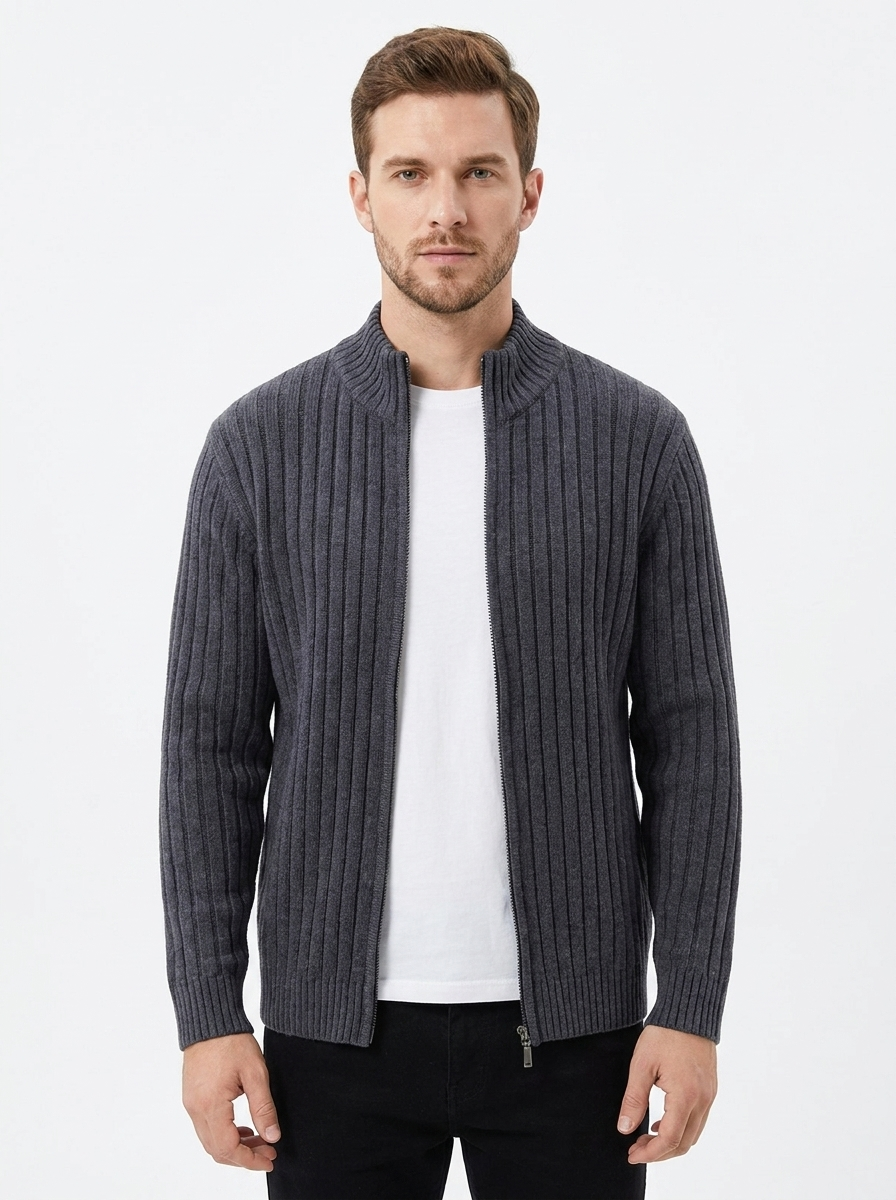 Men's Ribbed Knit Cardigan Full-Zip Stand Collar Sweater Jacket