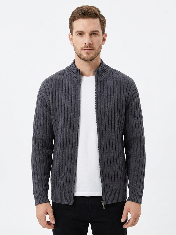 Men's Ribbed Knit Cardigan Full-Zip Stand Collar Sweater Jacket