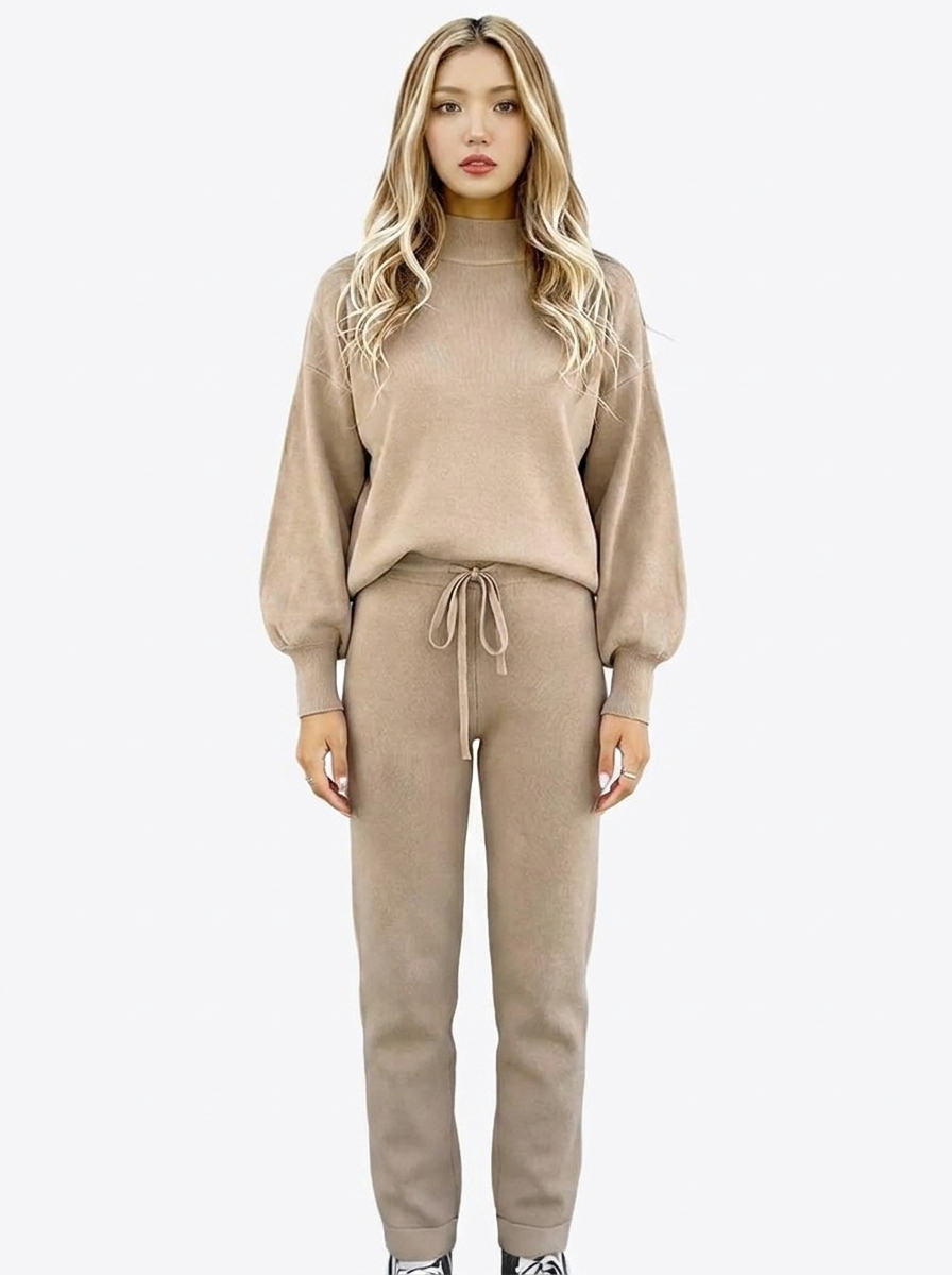Women's Two-Piece Lounge Set Balloon Sleeve Top Drawstring Pants