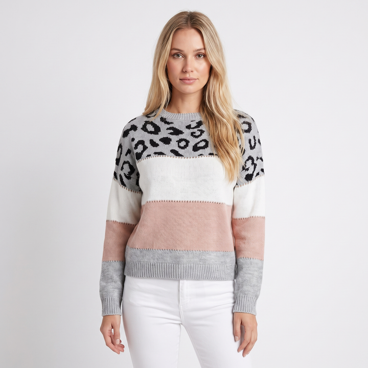 Women's Leopard Print Sweater Colorblock Crew Neck Knit Pullover