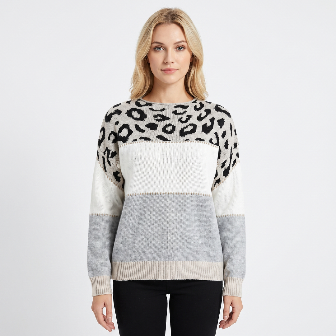 Women's Leopard Print Sweater Colorblock Crew Neck Knit Pullover