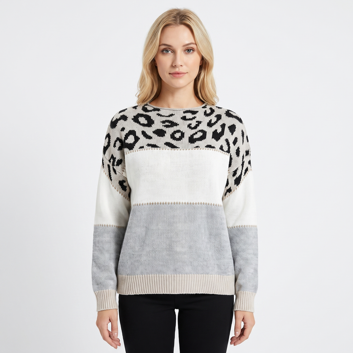 Women's Leopard Print Sweater Colorblock Crew Neck Knit Pullover
