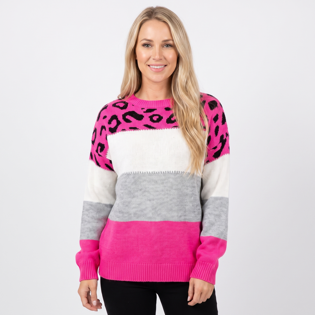 Women's Leopard Print Sweater Colorblock Crew Neck Knit Pullover