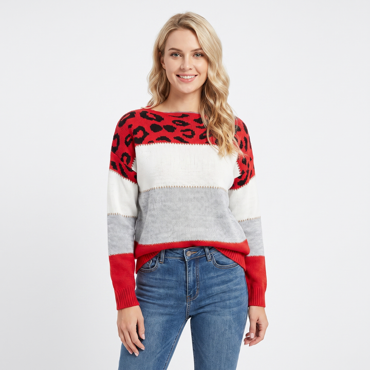 Women's Leopard Print Sweater Colorblock Crew Neck Knit Pullover