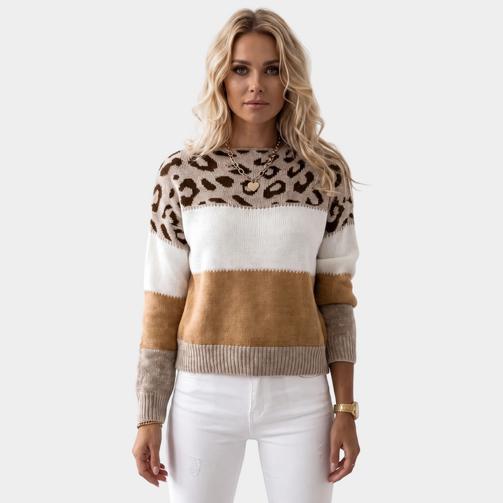 Women's Leopard Print Sweater Colorblock Crew Neck Knit Pullover