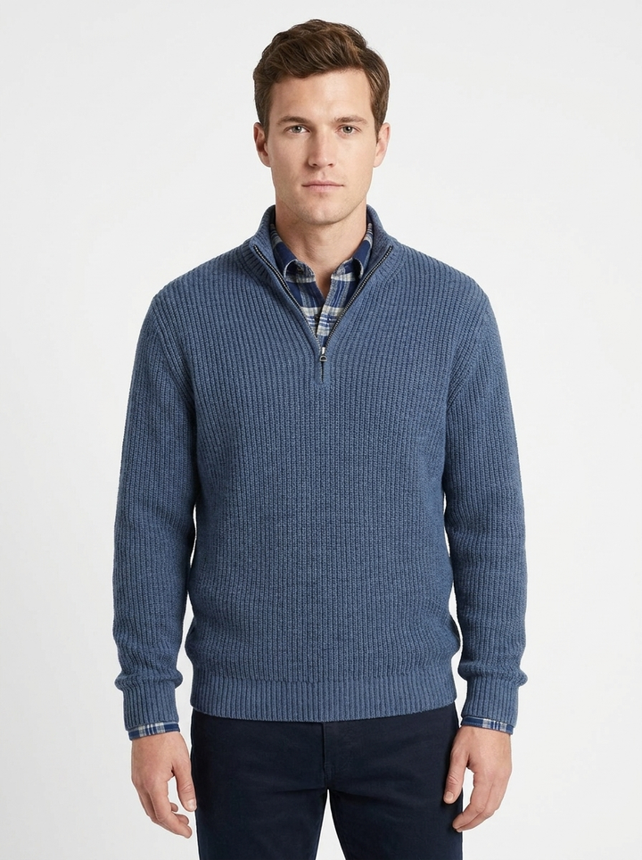 Men's Quarter-Zip Sweater Ribbed Knit Mock Neck Pullover