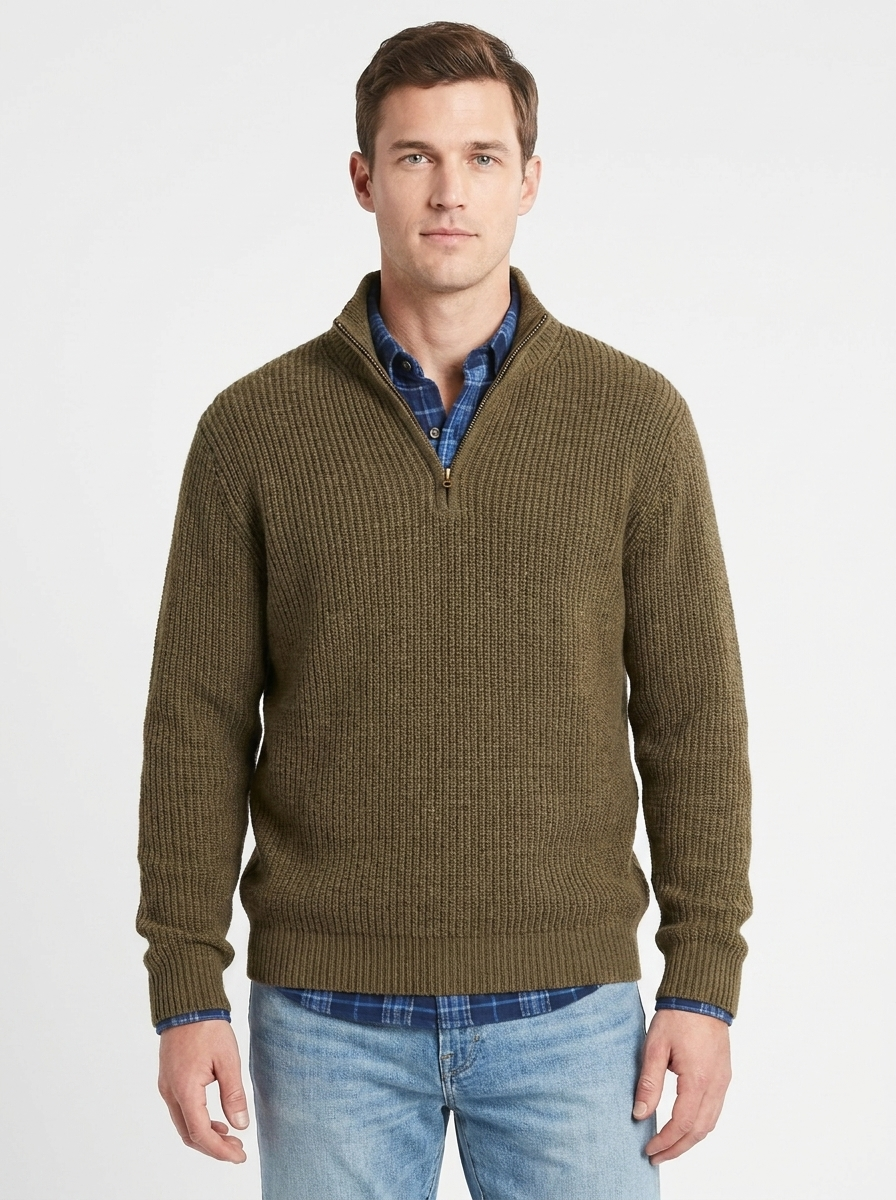 Men's Quarter-Zip Sweater Ribbed Knit Mock Neck Pullover