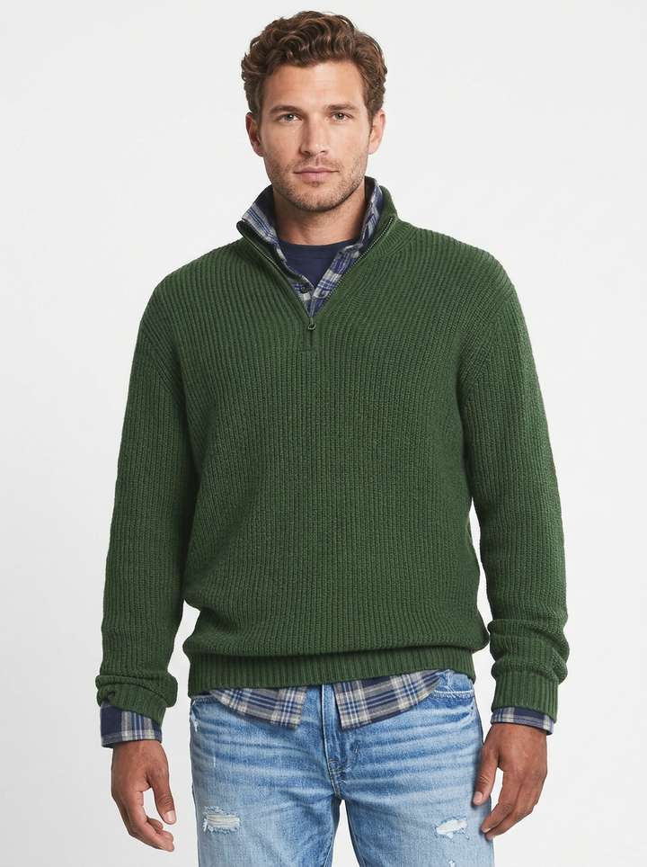 Men's Quarter-Zip Sweater Ribbed Knit Mock Neck Pullover