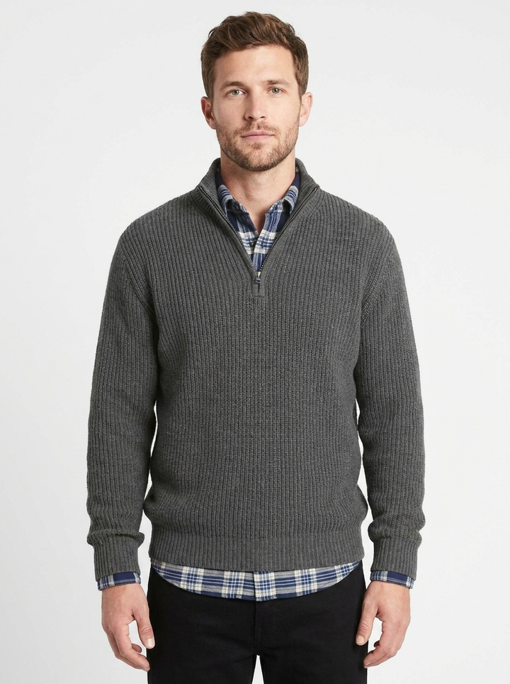 Men's Quarter-Zip Sweater Ribbed Knit Mock Neck Pullover