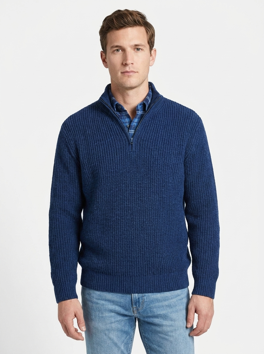 Men's Quarter-Zip Sweater Ribbed Knit Mock Neck Pullover