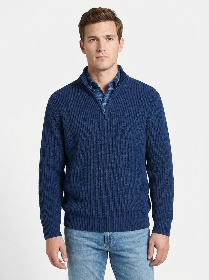 Men's Quarter-Zip Sweater Ribbed Knit Mock Neck Pullover