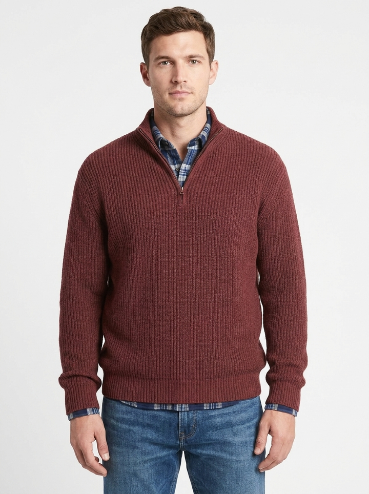 Men's Quarter-Zip Sweater Ribbed Knit Mock Neck Pullover