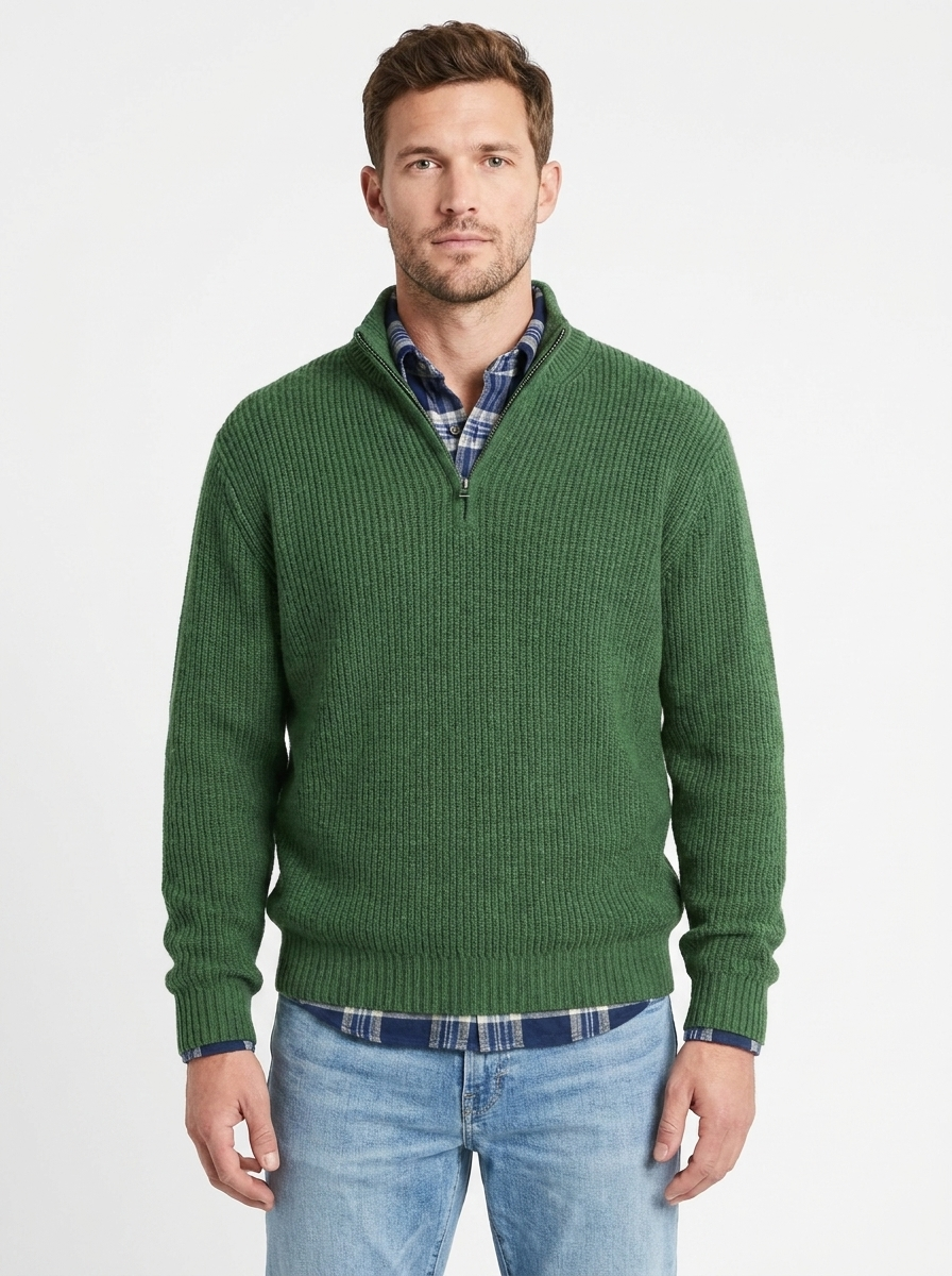 Men's Quarter-Zip Sweater Ribbed Knit Mock Neck Pullover