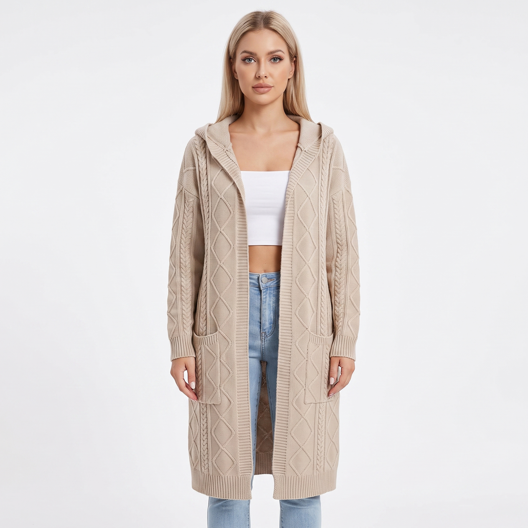 Women's Hooded Longline Cardigan Cable Knit Open Front Coat