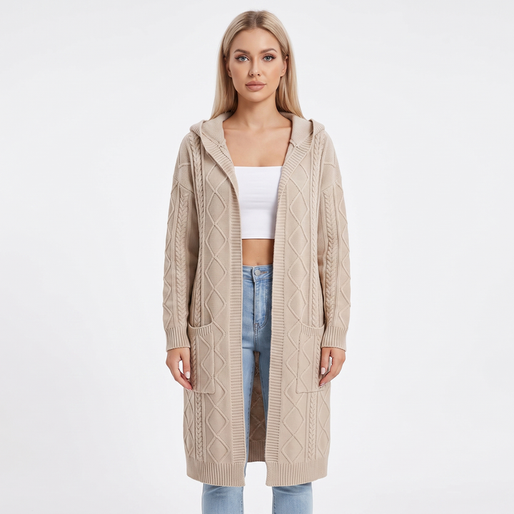 Women's Hooded Longline Cardigan Cable Knit Open Front Coat