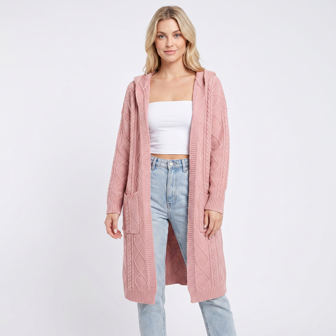 Women's Hooded Longline Cardigan Cable Knit Open Front Coat