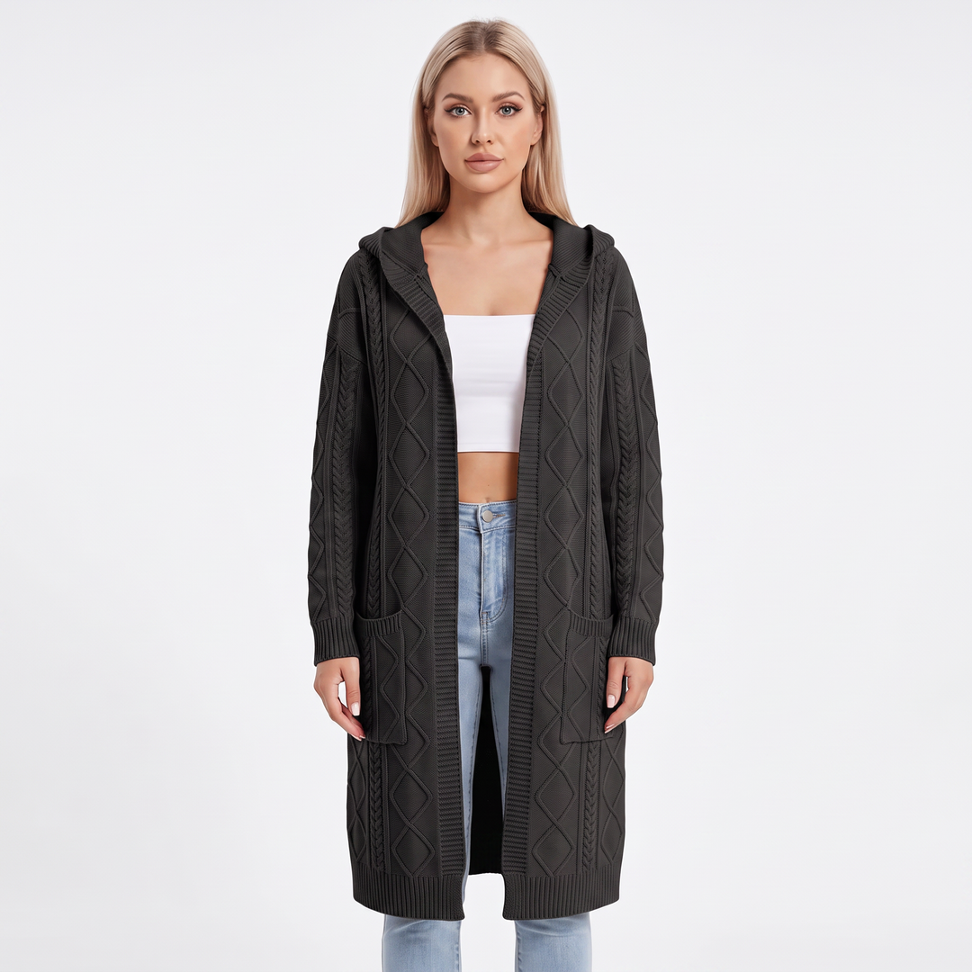 Women's Hooded Longline Cardigan Cable Knit Open Front Coat