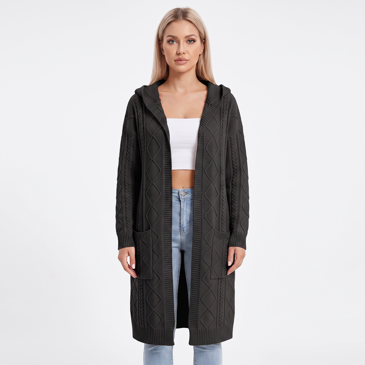 Women's Hooded Longline Cardigan Cable Knit Open Front Coat
