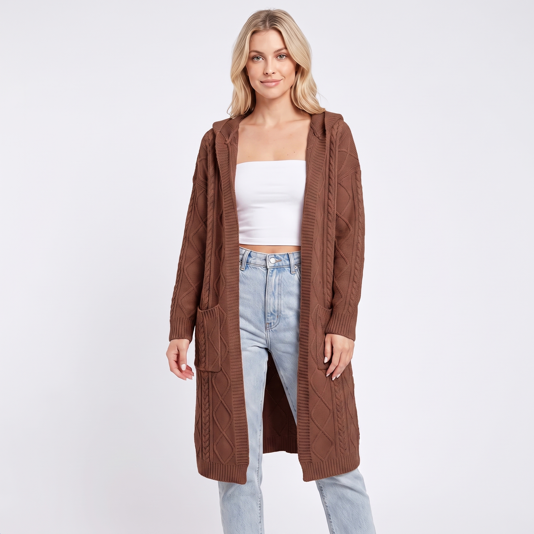 Women's Hooded Longline Cardigan Cable Knit Open Front Coat