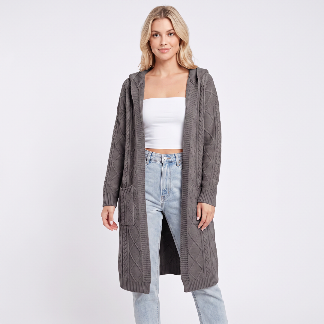 Women's Hooded Longline Cardigan Cable Knit Open Front Coat