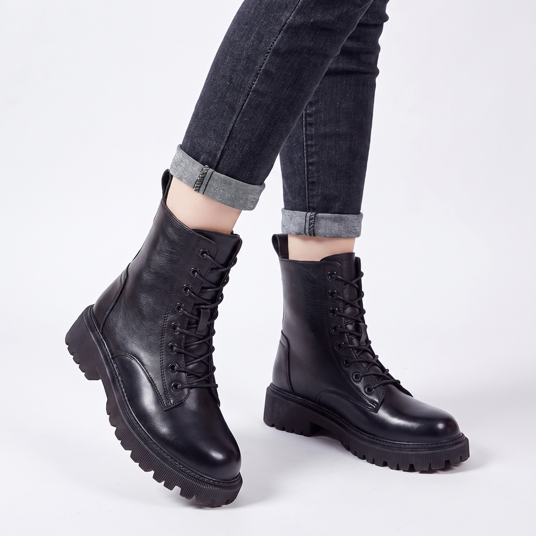 Women's Combat Boots Lace-Up Leather Platform Ankle Boots