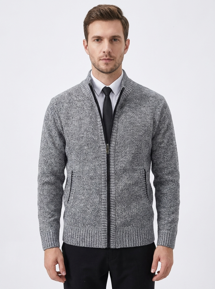 Men's Knit Cardigan Full-Zip Stand Collar Sweater Jacket