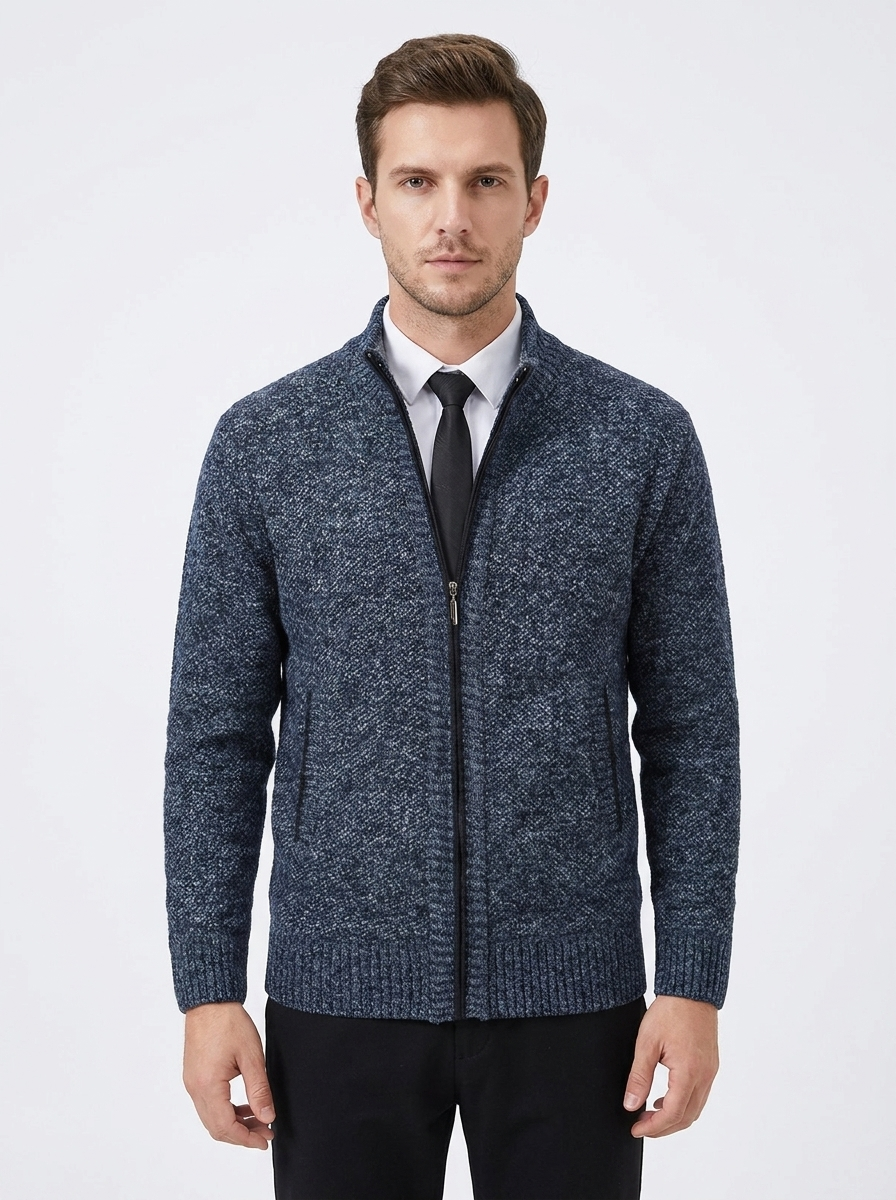 Men's Knit Cardigan Full-Zip Stand Collar Sweater Jacket