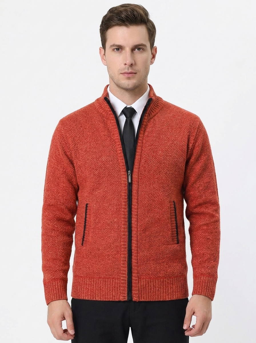 Men's Knit Cardigan Full-Zip Stand Collar Sweater Jacket