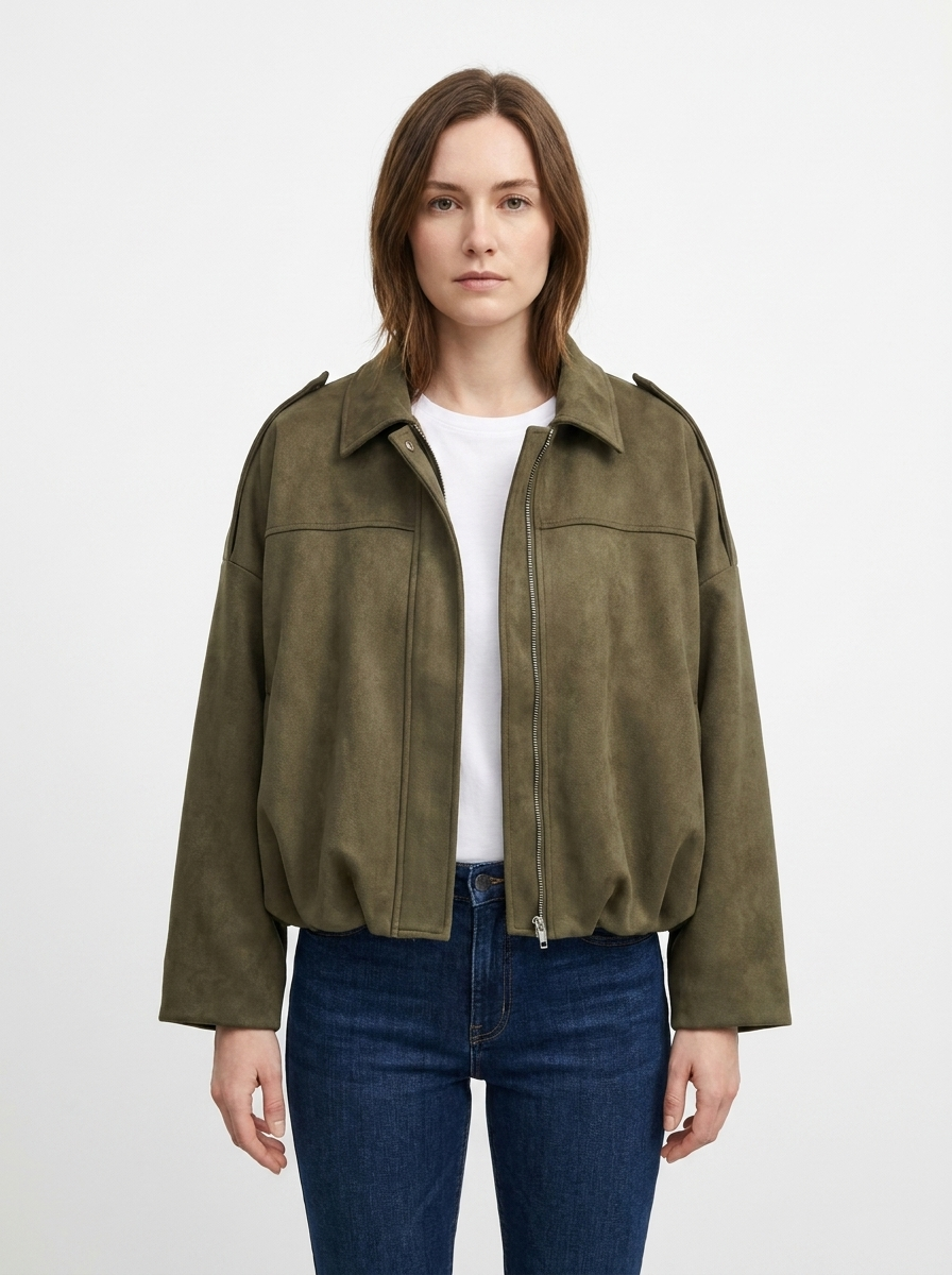 Women's Oversized Bomber Jacket Balloon Sleeve Cropped Zip-Up