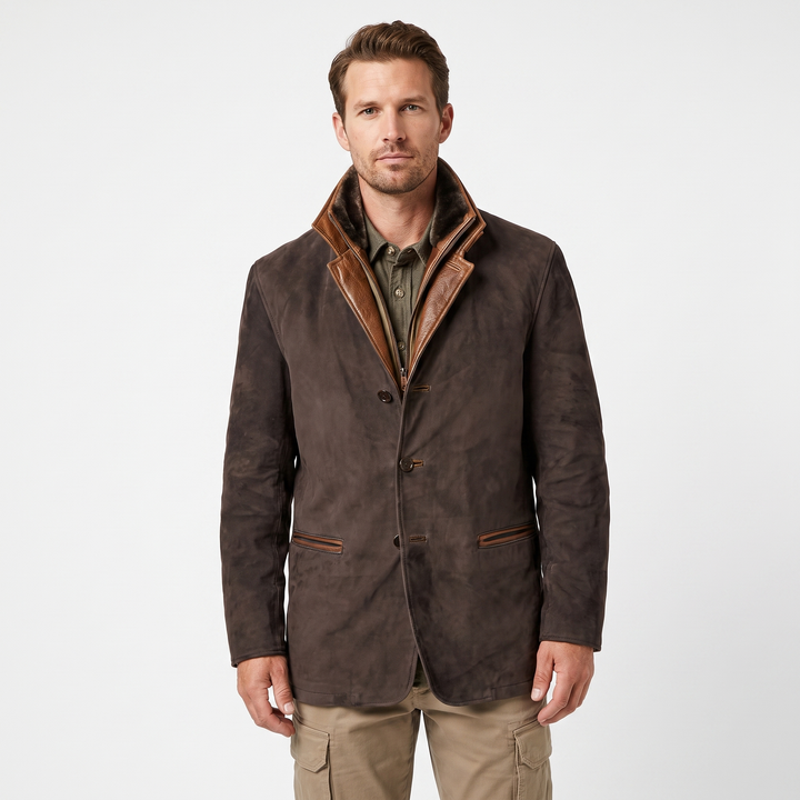 Men's Suede Leather Jacket Contrast Trim Stand Collar Blazer Coat