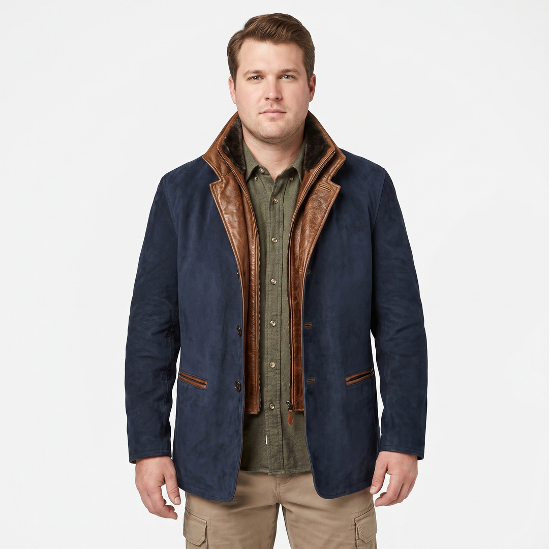 Men's Suede Leather Jacket Contrast Trim Stand Collar Blazer Coat