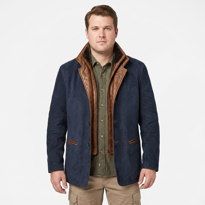 Men's Suede Leather Jacket Contrast Trim Stand Collar Blazer Coat
