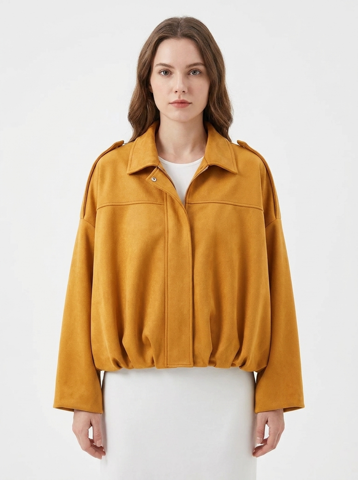 Women's Oversized Bomber Jacket Balloon Sleeve Cropped Zip-Up
