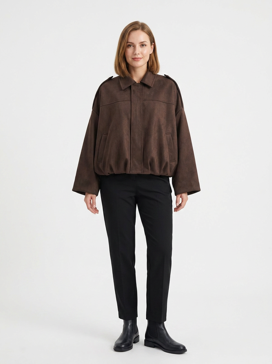 Women's Oversized Bomber Jacket Balloon Sleeve Cropped Zip-Up