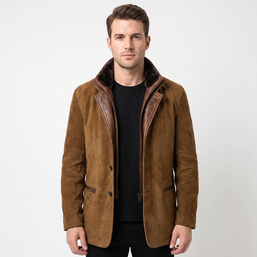 Men's Suede Leather Jacket Contrast Trim Stand Collar Blazer Coat