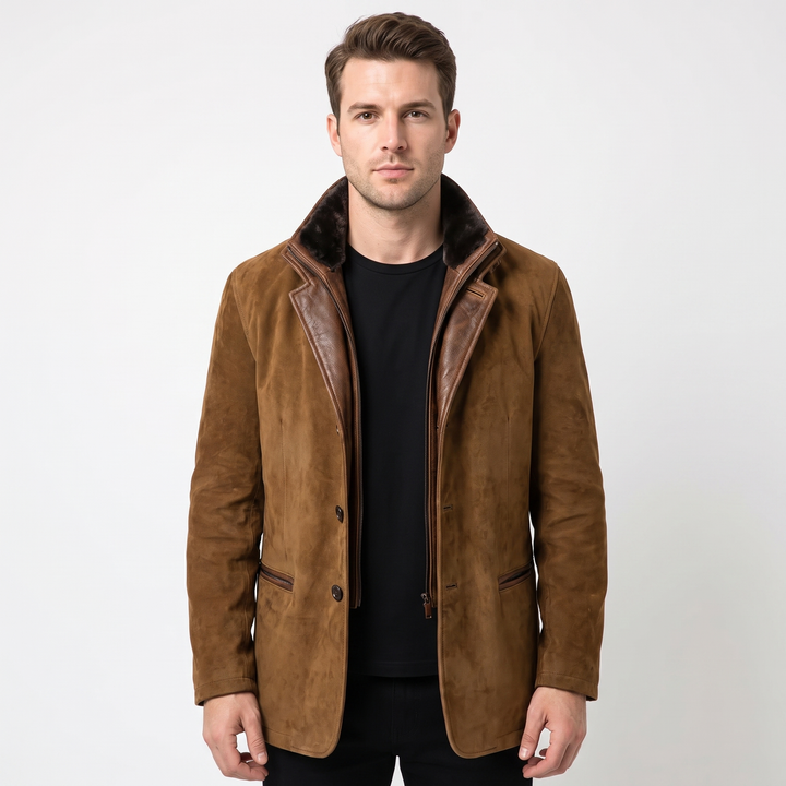 Men's Suede Leather Jacket Contrast Trim Stand Collar Blazer Coat