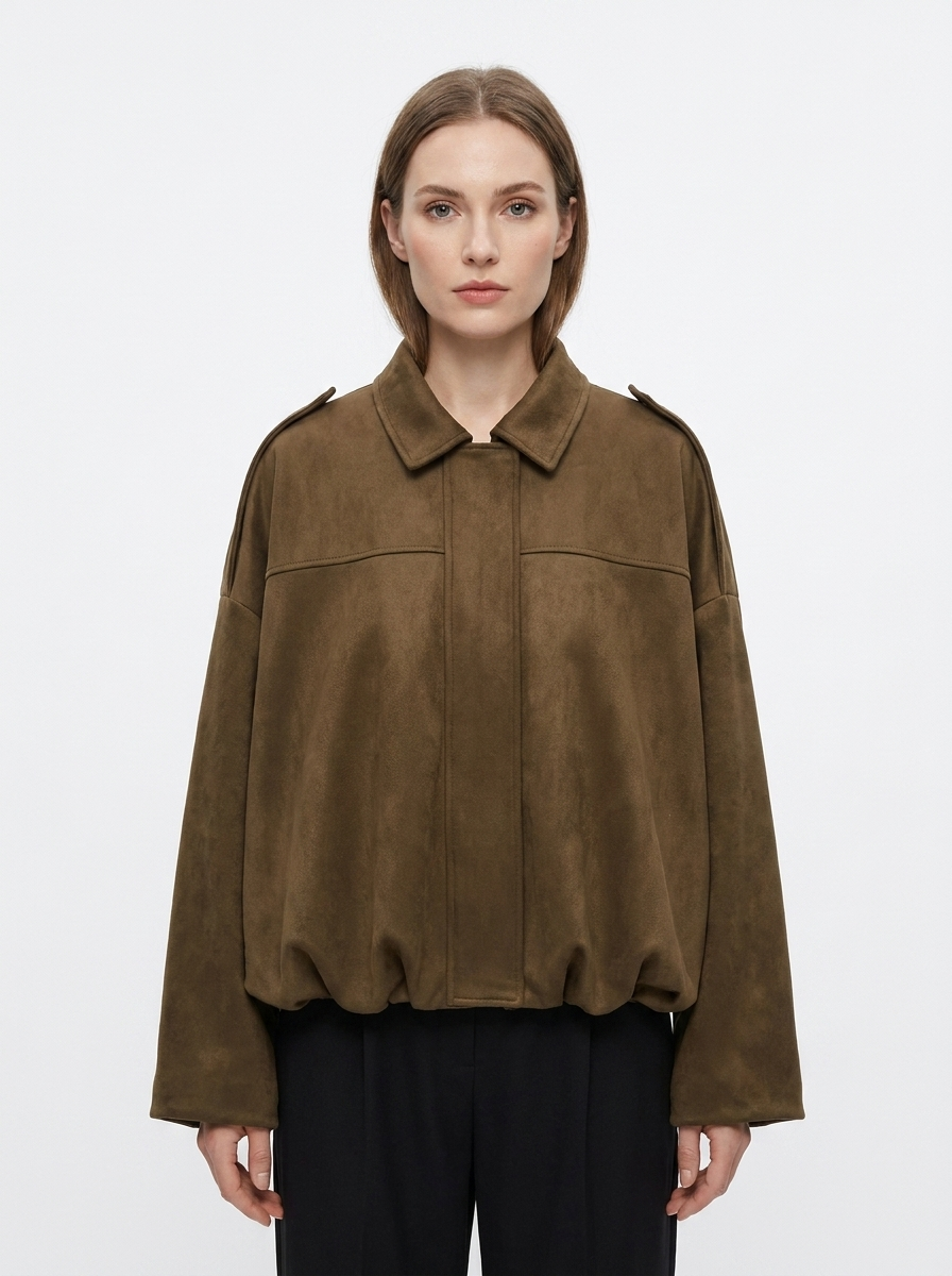 Women's Oversized Bomber Jacket Balloon Sleeve Cropped Zip-Up