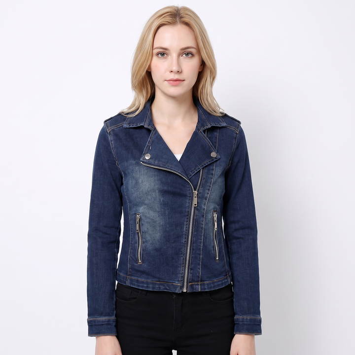 Women's Denim Moto Jacket Asymmetric Zip Cropped Biker Jacket