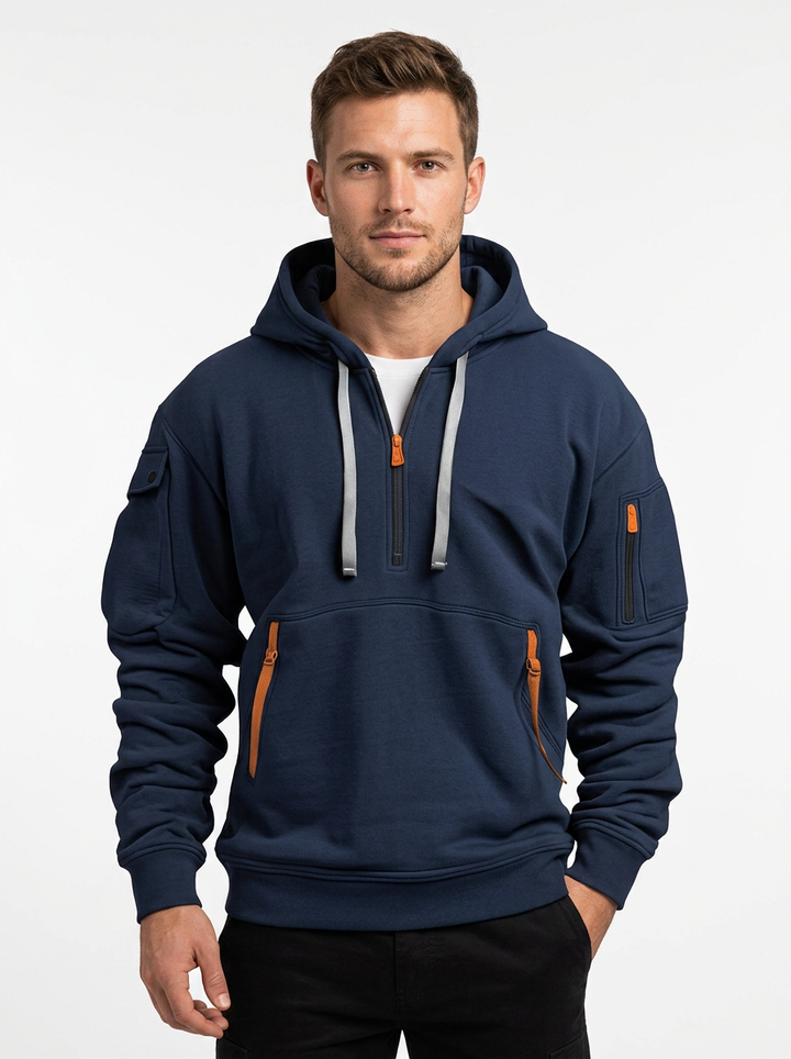 Men's Utility Hoodie Quarter-Zip Multi-Pocket Fleece Pullover