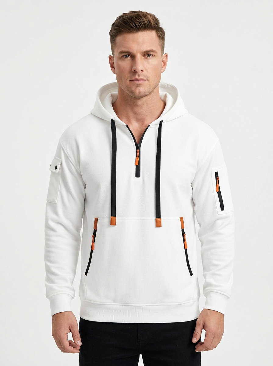 Men's Utility Hoodie Quarter-Zip Multi-Pocket Fleece Pullover