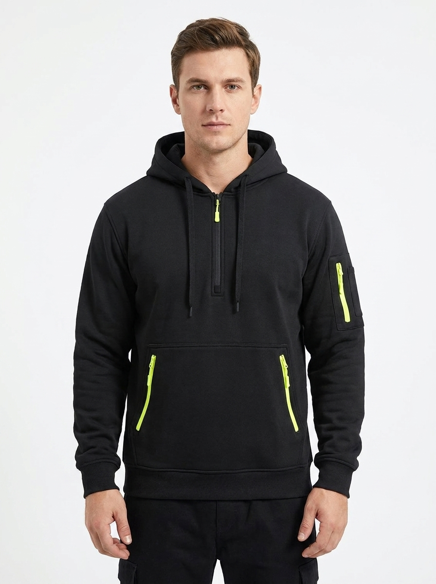 Men's Utility Hoodie Quarter-Zip Multi-Pocket Fleece Pullover