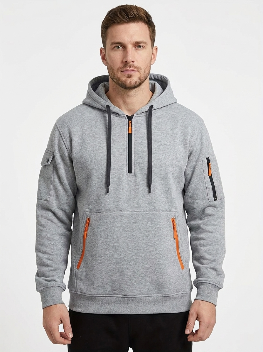 Men's Utility Hoodie Quarter-Zip Multi-Pocket Fleece Pullover