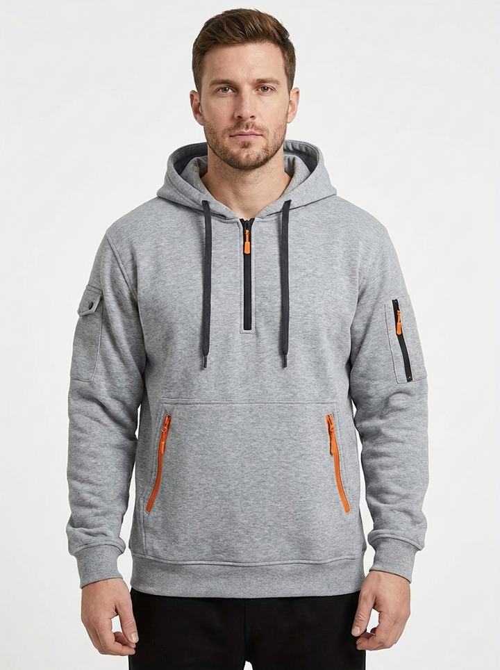 Men's Utility Hoodie Quarter-Zip Multi-Pocket Fleece Pullover