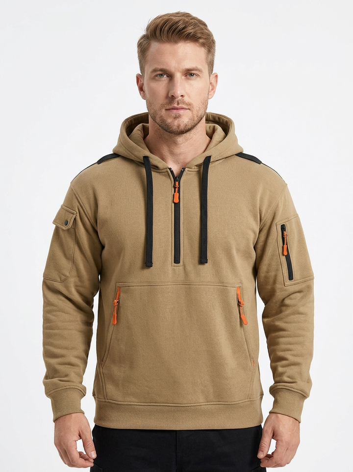 Men's Utility Hoodie Quarter-Zip Multi-Pocket Fleece Pullover