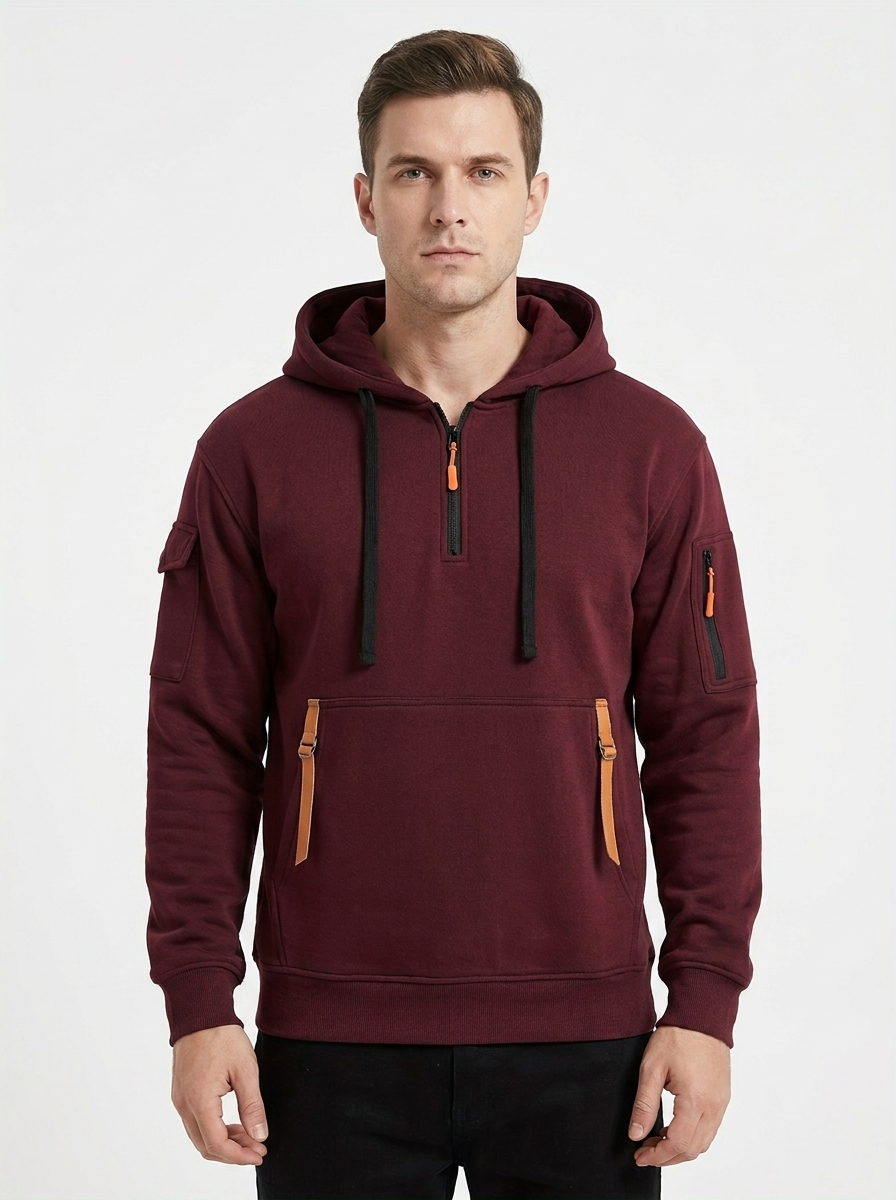 Men's Utility Hoodie Quarter-Zip Multi-Pocket Fleece Pullover