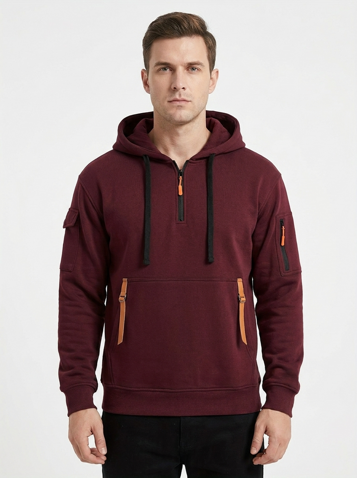 Men's Utility Hoodie Quarter-Zip Multi-Pocket Fleece Pullover